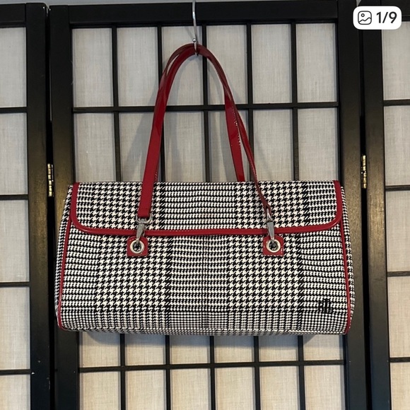 Polo Ralph Lauren Handbags - Polo Ralph Lauren Houndstooth Shoulder Bag Red Trim Black White EUC